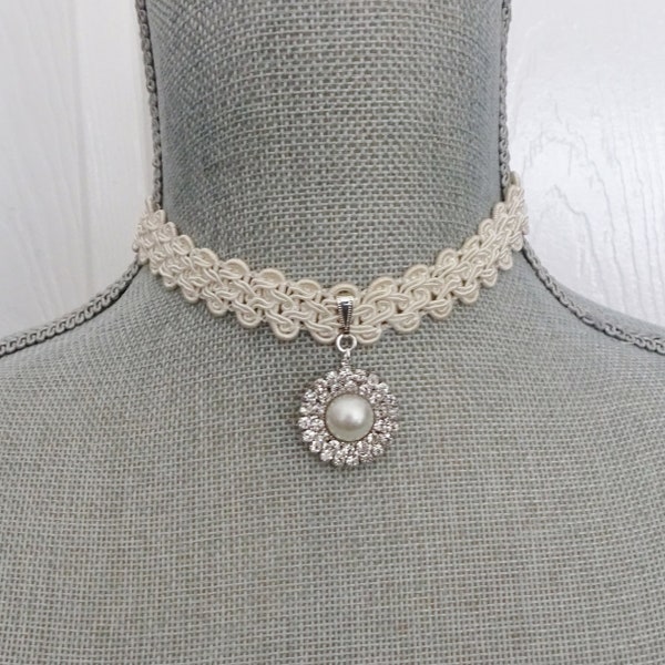 Rhinestone Pendant Choker Necklace - Ivory Braided Choker Necklace - Costume Choker Necklace - Hipster - Choker Necklace - Pearl Choker