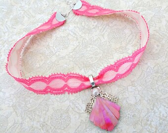 Coral Pink Lace Choker, Vintage Shell Bead Ribbon Necklace