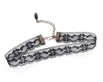Vintage Floral Black Lace Choker, Antique Brass Detail