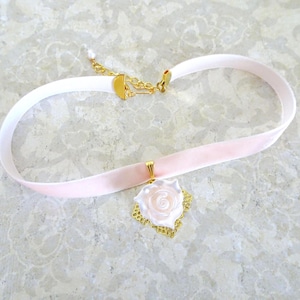 Pink Velvet Ribbon Rose Flower Pendant Choker Necklace, Victorian, Floral Choker