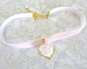 Pink Velvet Ribbon Rose Flower Pendant Choker Necklace, Victorian, Floral Choker