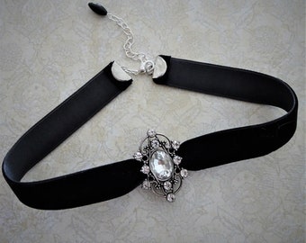 Collier ras de cou en velours noir avec focale coulissante en strass, tour de cou costume noir