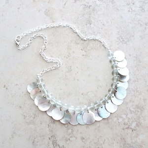 Mother of Pearl Coin Necklace: Silver Chain, Glass Beads, Bohemian Jewelry