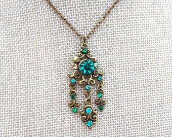 Turquoise Rhinestone Filigree Pendant Necklace: Antique Brass Victorian Style