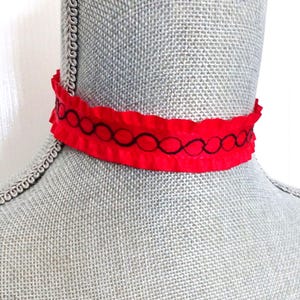 Red Choker Necklace - Choker Necklace - Hipster - Embroidered Red Choker - Ruffled Ribbon  Necklace - Costume - Western Saloon Girl
