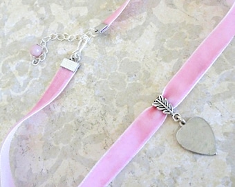 Pink Velvet Silver Heart Charm Choker Necklace