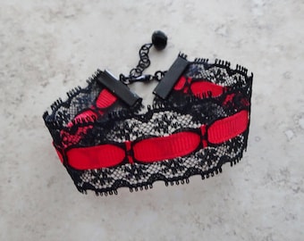 Bracelet dentelle noire ruban rouge, bracelet fantaisie