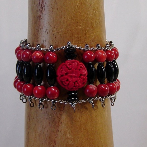 Red Sponge Coral Beaded Cuff Bracelet, Red & Black Antique Silver Bracelet, Beaded Chain Bracelet, Faux Cinnabar, Asian, Boho, Wide Bracelet