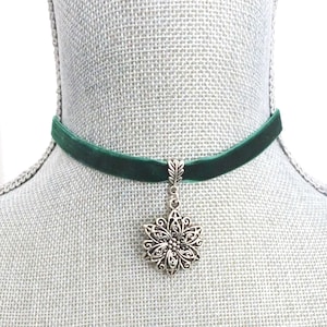Green Velvet Ribbon Choker Necklace - Silver Flower Pendant Choker - Ribbon Choker - Gift for Teen - Prom - Green Necklace