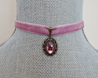 Mauve Velvet Ribbon Choker Necklace with Rhinestone Pendant, Costume Choker, Mauve Necklace, Hipster, Victorian, Gilded Age