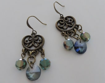 Antique Brass and Blue Glass Bead Chandelier Earrings, Boho Dangle Earrings