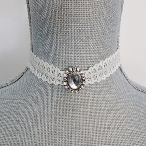 Ivory Lace Choker Necklace with Oval Rhinestone Focal, Victorian, Costume Choker, Brides Choker Necklace