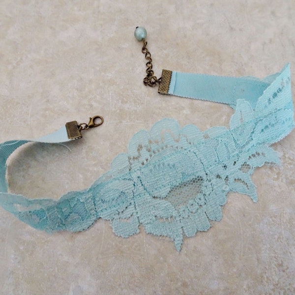 Aqua Blue Lace & Ribbon Choker Collar Necklace, Wedding Jewelry, Bridesmaid Choker, Prom Choker Necklace, Costume Lace Necklace