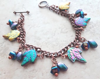 Leaf AB Glass Bead Dangle Antique Copper Chain Bracelet, Autumn