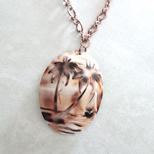 Palm Tree Carved Shell Pendant Necklace, Rose Gold Chain Necklace, Tropical, Palm Trees, Shell, Beach