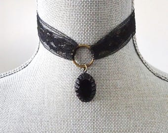 Black Lace Choker Necklace: Vintage Floral Lace, Antique Brass Detail