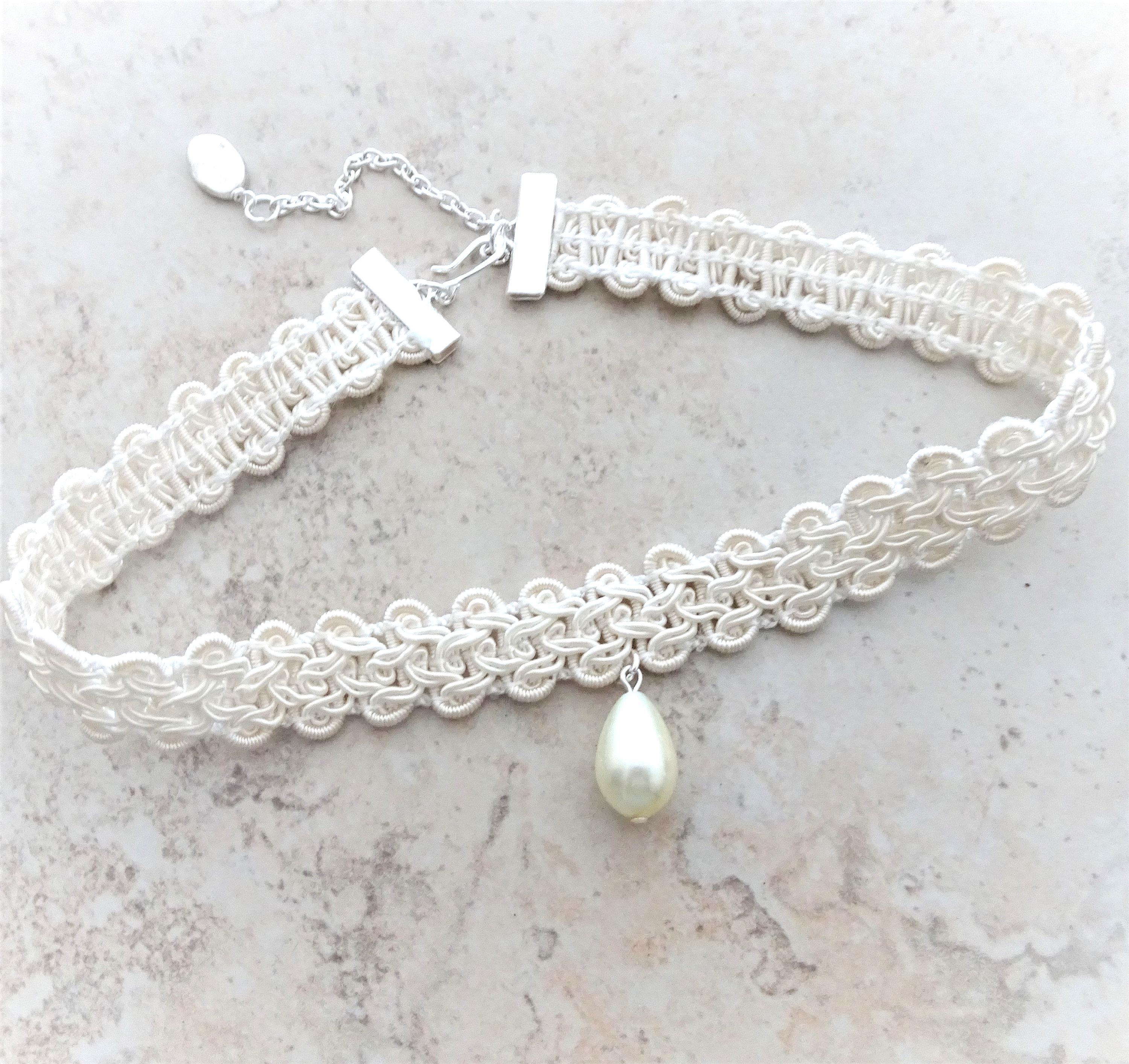 Ivory Braid Choker Necklace: Teardrop Pearl Bead, Silver Detail - Etsy