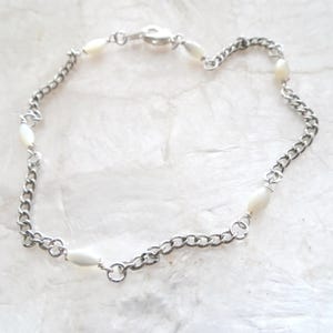 Silver Beaded Ankle Bracelet - Mother of Pearl Bead Anklet - Summer Anklet - Beach Anklet - White Bead Silver Ankle Bracelet