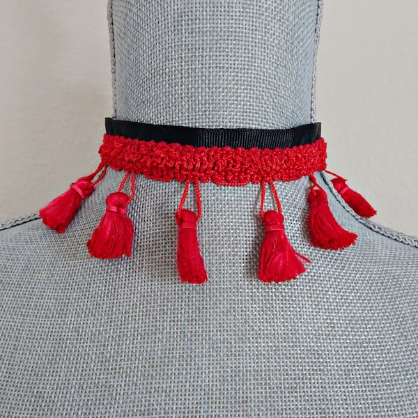 Red Tassel Black Ribbon Choker Necklace, Red tassels, Costume Choker Necklace, Old West Saloon Girl Costume Necklace, Halloween Choker