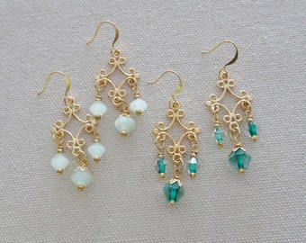 Gold Filigree Beaded  Earrings, Mint Green Bead Earrings, Teal Bead Earrings, Gold Chandelier Dangle Earrings