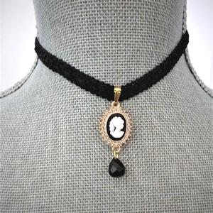 Black Braided Ribbon Cameo Choker: Rhinestone Pendant, Victorian Necklace