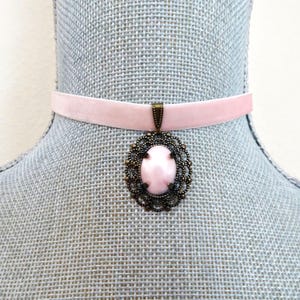 Pastel Pink Velvet Choker, Pearl Cabochon Pendant, Victorian Style