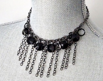 Black Chain Dangle Choker Necklace, Gothic Glass Bead Bib