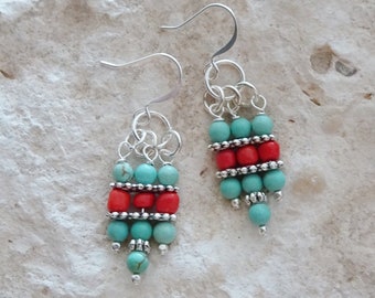 Turquoise & Red Beaded Earrings, Silver Beaded Earrings, Dangle Bead Earrings, Southwestern, Boho, Magnesite Earrings