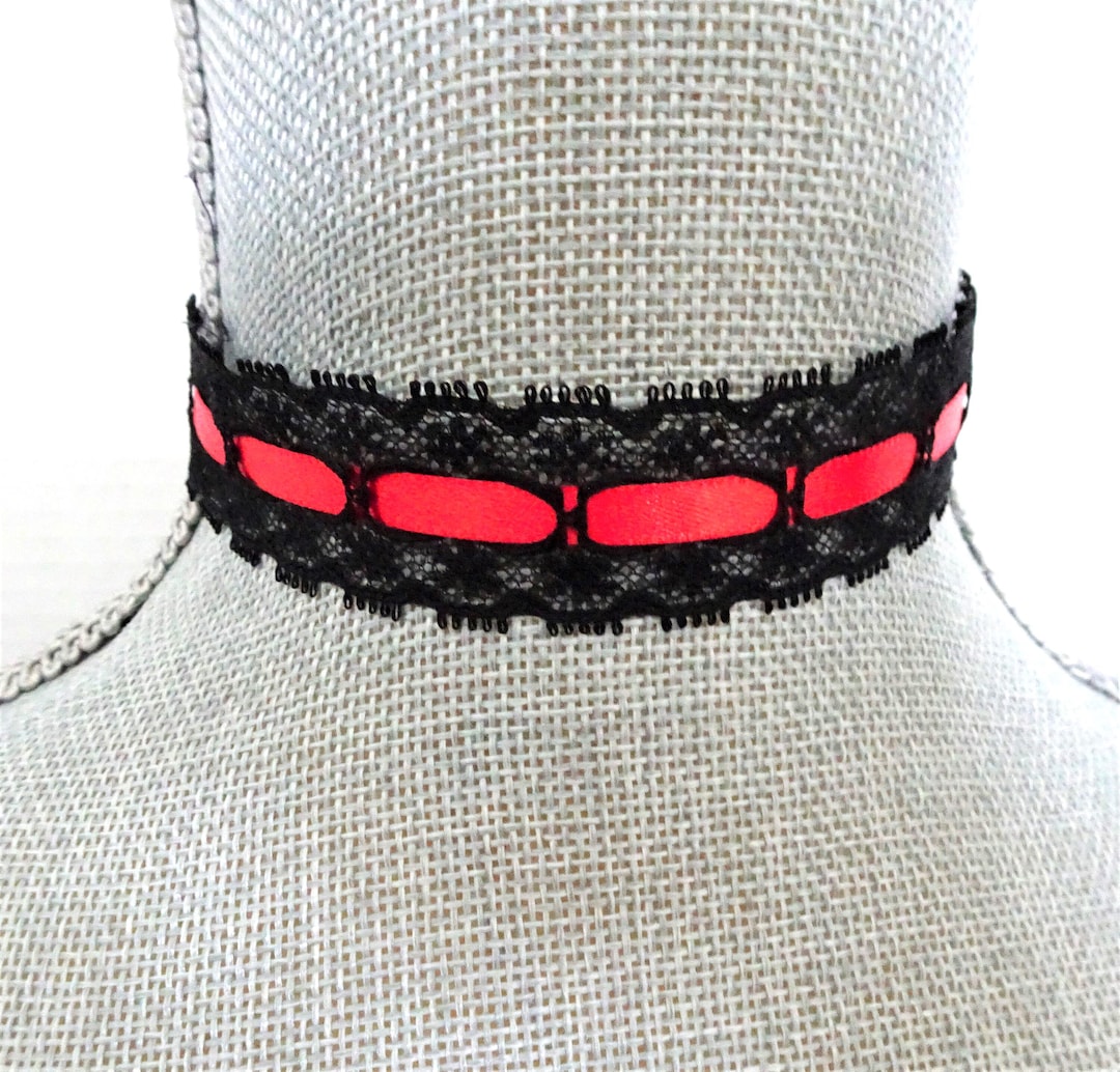 Black Lace Choker Necklace: Red Satin Ribbon, Adjustable Fit - Etsy