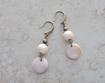 Blush Pink Beaded Antique Brass Earrings