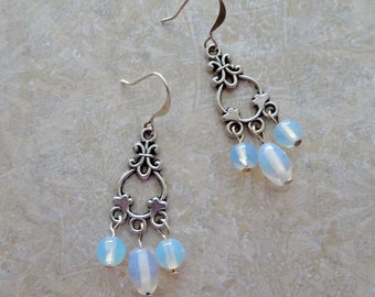 Sea Opal Bead Silver Chandelier Beaded Earrings, White Bead Earrings, Wedding Earrings, Silver Earrings, Chandelier Earrings