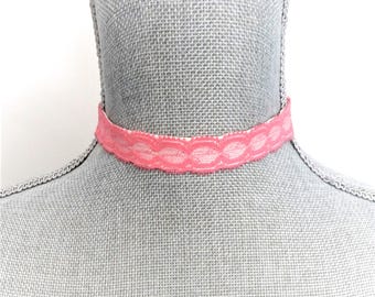 Coral Pink Lace Choker: Ivory Ribbon Necklace