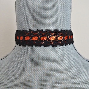 Black Lace Orange Glitter Ribbon Choker Necklace, Halloween Costume Accessory, Steampunk, Orange Choker