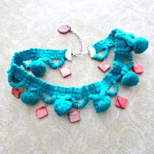 Turquoise Pompom and Coral Shell Bead Choker Necklace, Boho, Beach, Costume Choker, Tropical