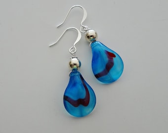 Blue Glass Bead Teardrop Earrings, Blue and Silver Dangle Bead Earrings, Cobalt Blue,