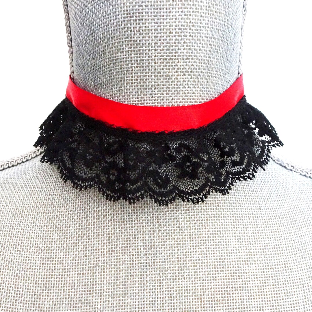 Black Lace Choker Necklace: Red Satin Ribbon, Saloon Girl Costume - Etsy