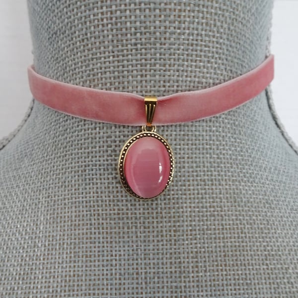 Pink Velvet Choker Necklace with Pink Cat Eye Glass Oval Pendant, Victorian