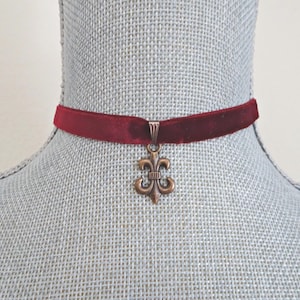 Burgundy Velvet Choker: Copper Fleur de Lis Pendant Necklace