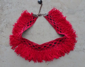 Red Fringed Choker Necklace, Red and Black Costume Choker