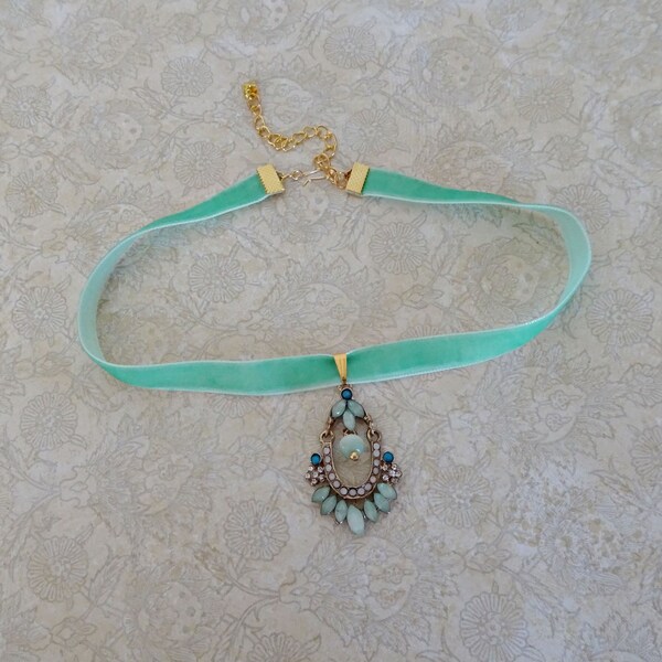 Aqua Blue Velvet Ribbon Choker Necklace, Rhinestone Beaded Gold Pendant Necklace, Prom Choker, Hipster, Wedding Choker