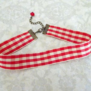 Red Gingham Check Ribbon Choker Necklace, Country Costume Jewelry