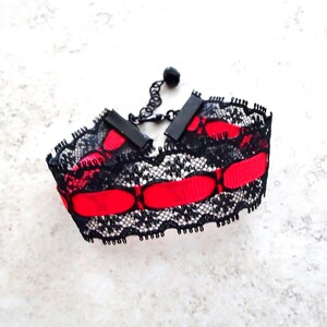 Black Lace Red Ribbon Bracelet, Costume Bracelet