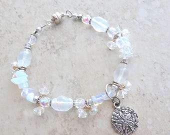 Sea Opal Glass Bead Bracelet: Sand Dollar Charm, AB Crystal Accents