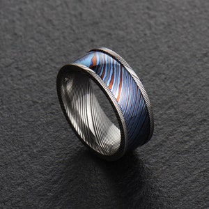 Black Titanium Damascus Timascus and Stainless Damascus Steel Mens wedding band Engagement ring Commitment ring Men&#39;s ring BD182