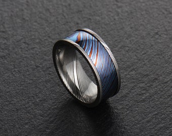 ブラックチタンダマスカスTimascusとステンレスダマスカス鋼メンズ結婚指輪エンゲージリングコミットメントリングメンズリングBD182