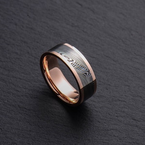 Stainless Damascus Steel and Rose Gold Mens wedding band Engagement ring Commitment ring Men&#39;s ring BD110