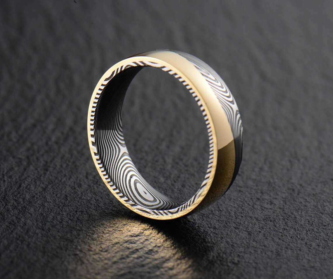 Stainless Damascus Steel and 18K Yellow Gold Mens wedding