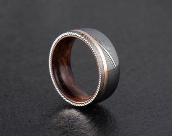 Stainless Damascus Steel and Rose Gold 5A Hawaiian Koa Wood Mens wedding band Engagement ring Commitment ring Men's ring BD166