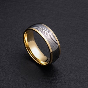 Stainless Damascus Steel and 18K Yellow Gold Mens wedding band Engagement ring Commitment ring Men&#39;s ring BD121
