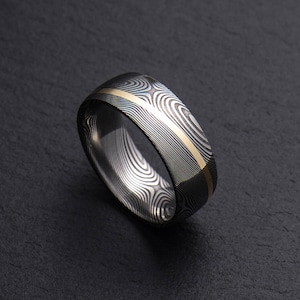 Stainless Damascus Steel and 18K Yellow Gold Mens wedding band Engagement ring Commitment ring Men&#39;s ring BD109